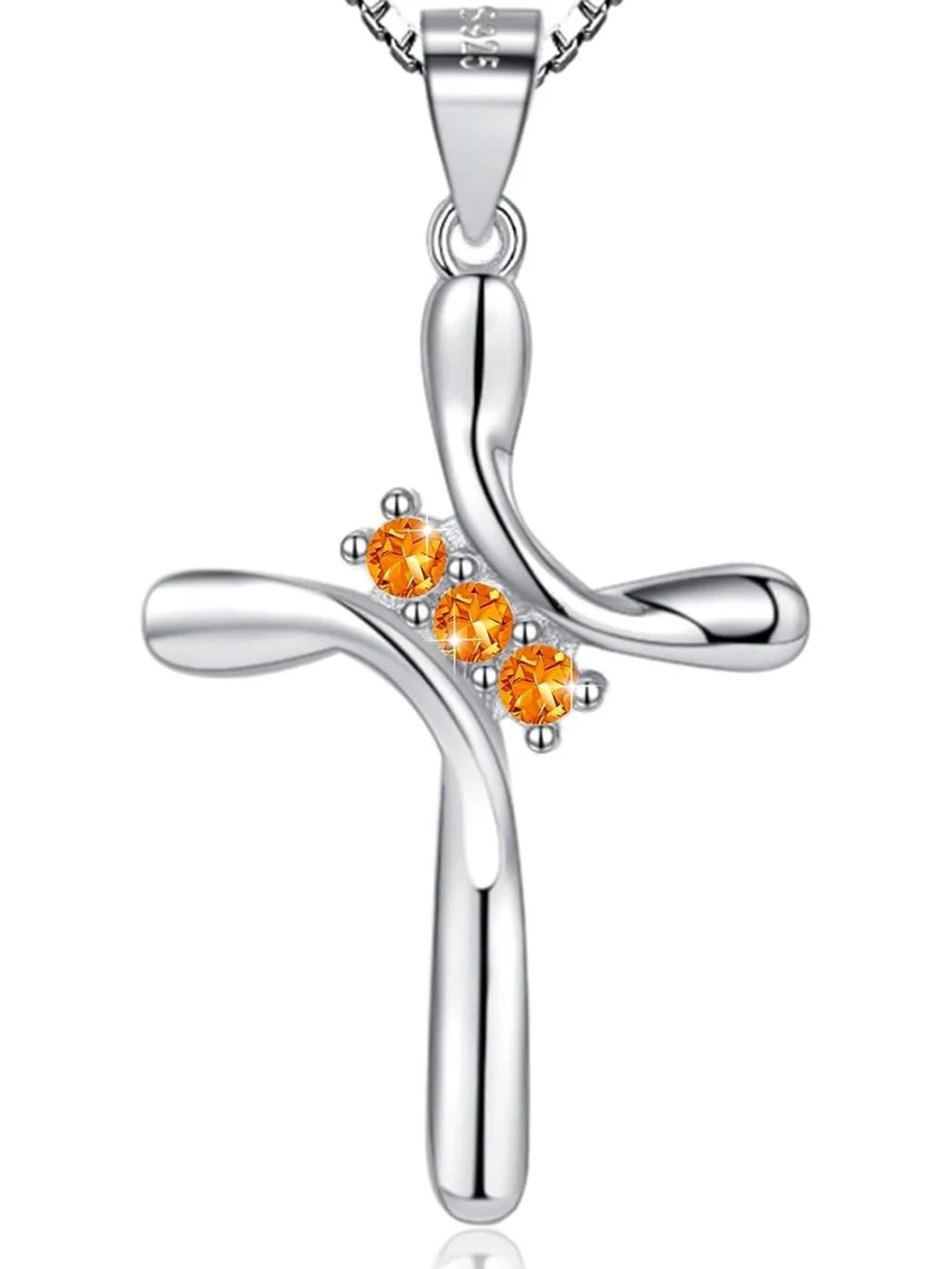 Sterling Silver Cross Necklace with Orange Gem Accents